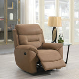 Sand fabric recliner chair with footrest extended in living room near glass side table