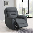 Slate grey recliner armchair with padded seat and leg rest in living room setting