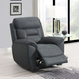 Slate grey recliner armchair with padded seat and leg rest in living room setting