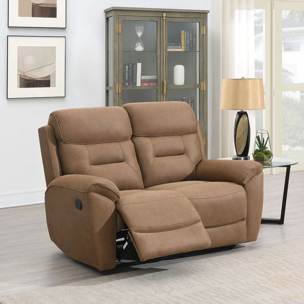 Sand fabric recliner sofa for two in modern living room with cabinet and lamp