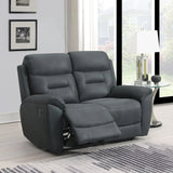 Slate grey fabric recliner sofa with extended footrest in modern living room setting