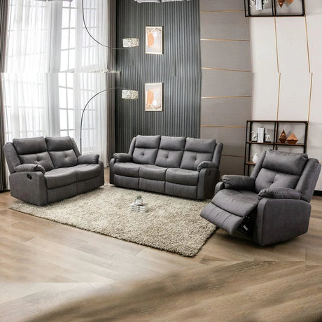 Dark grey fabric 2 seater sofa with recliner in modern living room setting