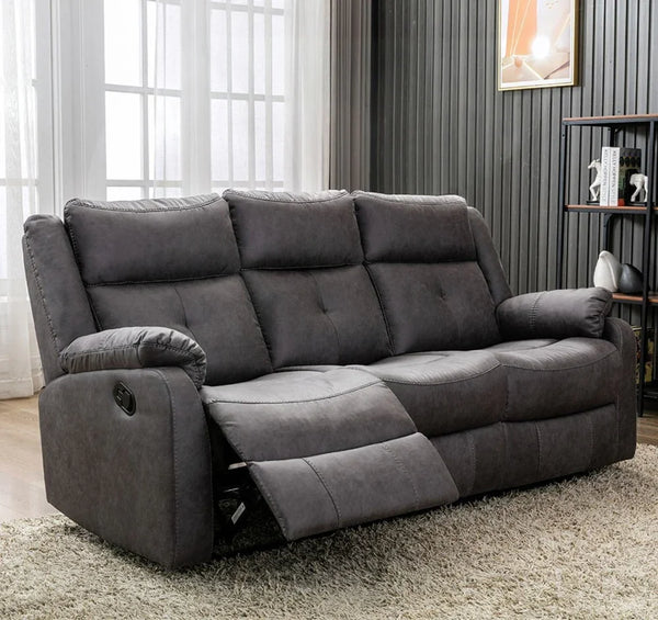 Grey recliner 3 seater sofa with drop down tray in modern living room setting