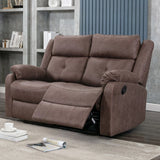 Brown leather 2 seater recliner sofa with padded armrests in modern living room setting