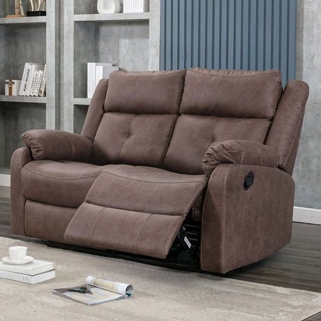 Brown leather 2 seater recliner sofa with padded armrests in modern living room setting