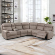 Taupe corner recliner sofa with black tray and built-in wireless charger in modern living room