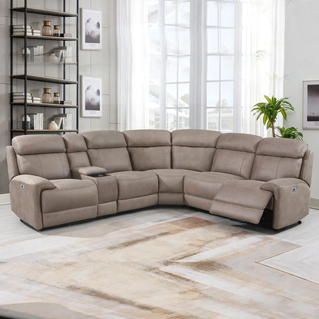 Taupe corner recliner sofa with black tray and built-in wireless charger in modern living room