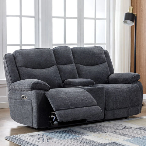 Dark grey fabric electric recliner sofa with console and wireless charger in living room