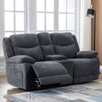 Dark grey fabric electric recliner sofa with console and wireless charger in living room