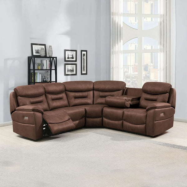 Brown corner recliner sofa with cup holder and fold-down armrest in modern living room