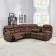 Brown corner recliner sofa with cup holder and fold-down armrest in modern living room