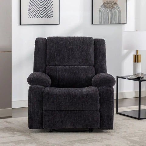 Charcoal fabric recliner armchair in modern living room with neutral decor and wall art