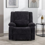 Charcoal fabric recliner armchair in modern living room with neutral decor and wall art