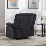 Charcoal fabric recliner chair back view in modern living room with lamp and wall art