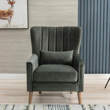 Winter moss green armchair with vertical channel backrest and wooden legs in modern room
