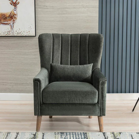 Winter moss green armchair with vertical channel backrest and wooden legs in modern room