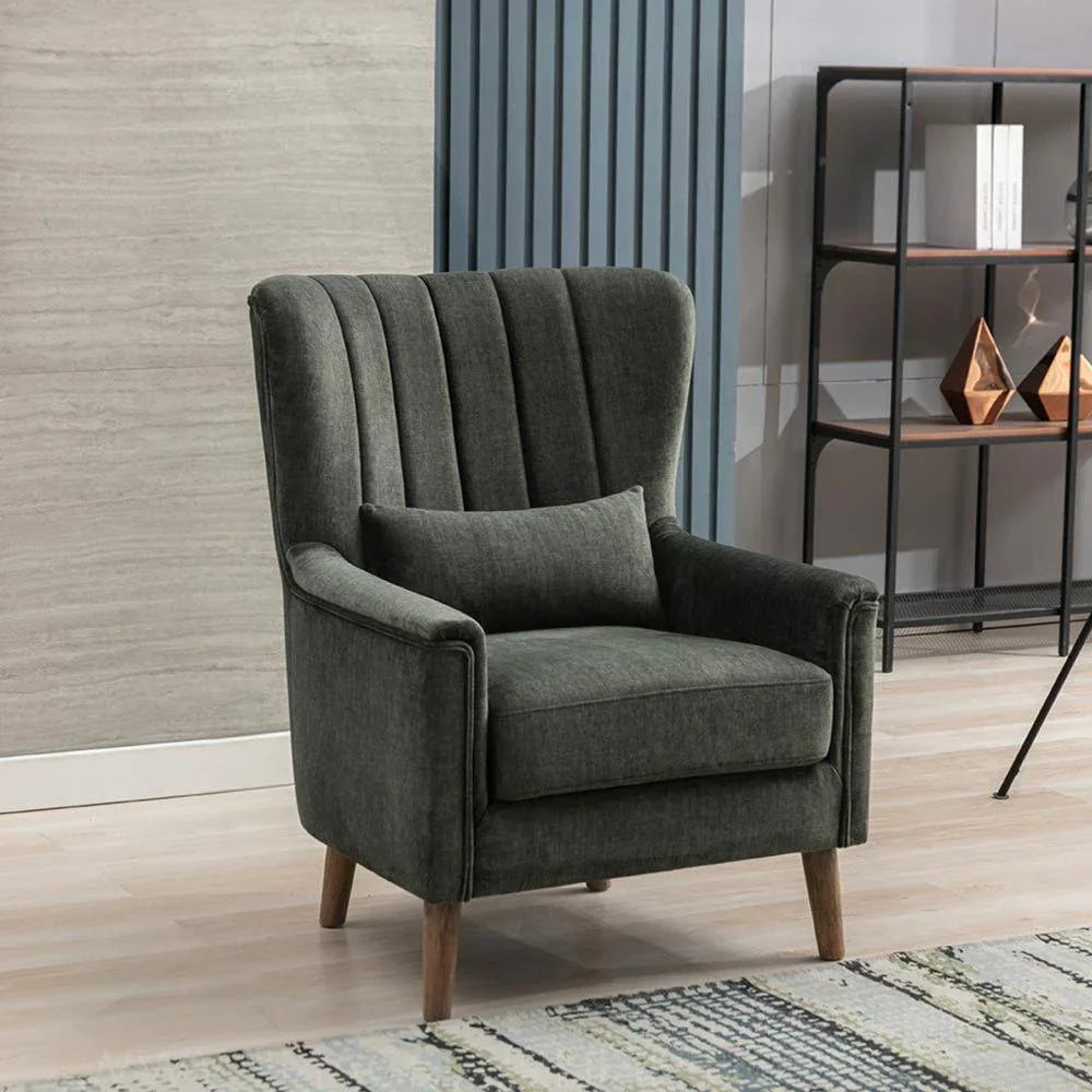 Winter moss fabric armchair with cushion and wooden legs in modern living room setting