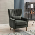 Winter moss fabric armchair with cushion and wooden legs in modern living room setting