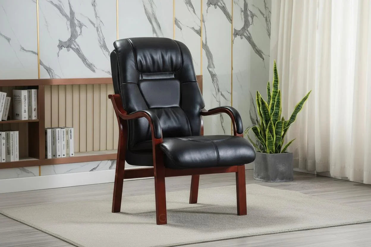 Black orthopedic chair with wooden frame on rug in modern living room