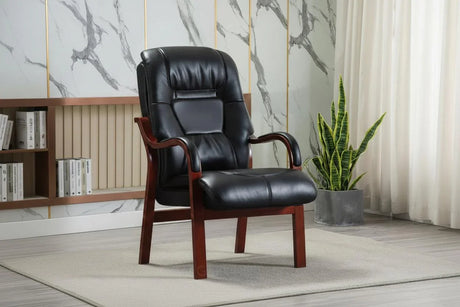 Black orthopedic chair with wooden frame on rug in modern living room
