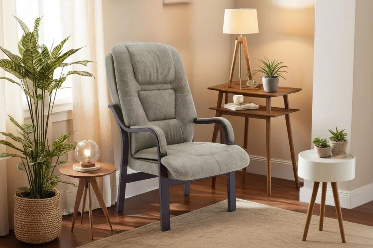 Light tan orthopaedic chair with padded seat and wooden arms in living room setting