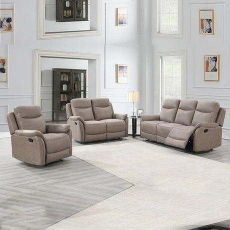 Taupe fabric 3 seater recliner sofa with padded arms in bright living room