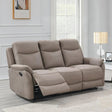 Taupe fabric 3 seater reclining sofa with padded seats in modern living room setting
