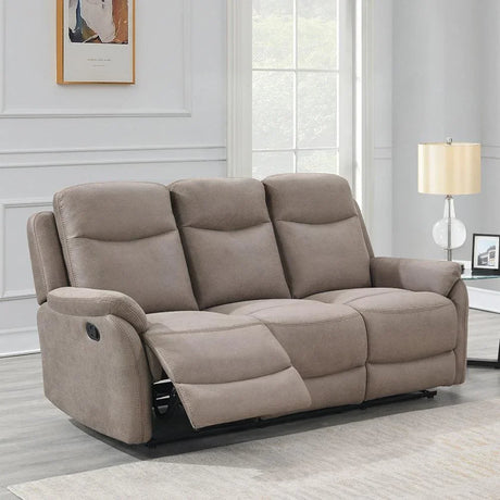 Taupe fabric 3 seater reclining sofa with padded seats in modern living room setting