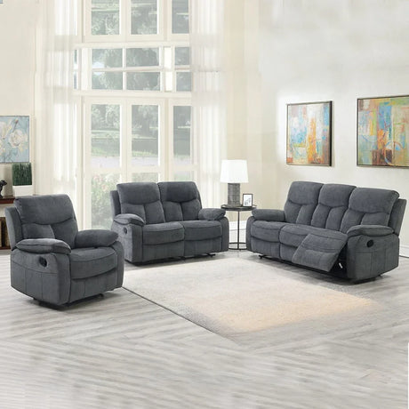 Grey fabric 3 seater recliner sofa set with armchair and loveseat in modern living room