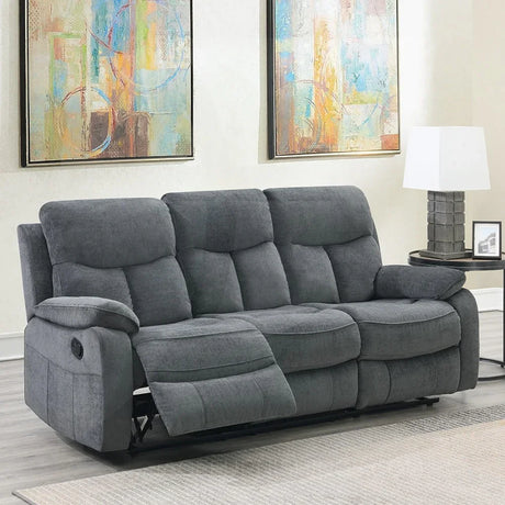 Grey fabric 3 seater sofa recliner in modern living room with abstract wall art