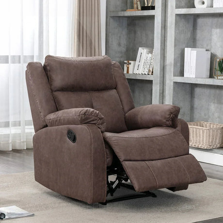Brown fabric recliner armchair with footrest extended in modern living room setting