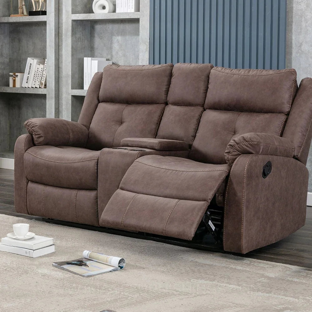 Brown 2 seater recliner sofa with central console in modern living room setting