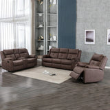 Brown 3 seater reclining sofa set with drop-down tray on grey wood floor in modern living room