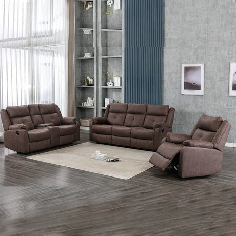 Brown 3 seater reclining sofa set with drop-down tray on grey wood floor in modern living room