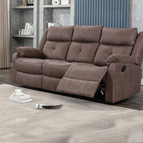 Brown three seater recliner sofa with cupholder tray in modern living room