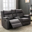 Grey fabric 2 seater recliner sofa with console and cup holders in living room
