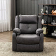 Grey recliner armchair with plush cushions and padded arms on beige rug in modern living room