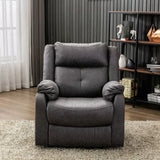 Grey recliner armchair with plush cushions and padded arms on beige rug in modern living room
