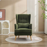 Green wingback chair with cushion on round rug in modern living room