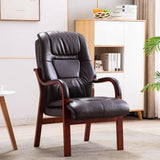 Brown orthopedic chair with cushioned seat and backrest, wooden frame, in home office