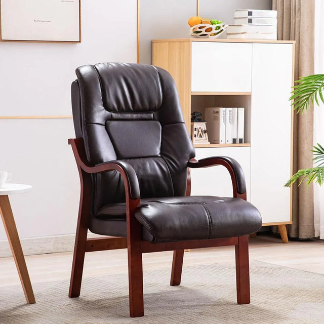Brown orthopedic chair with cushioned seat and backrest, wooden frame, in home office