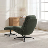 Green leisure chair with matching footstool, metal base, in bright modern living room