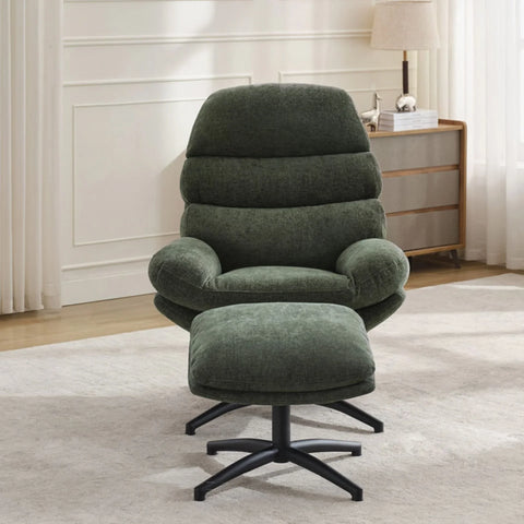 Green leisure chair with matching footstool on black metal base in modern living room