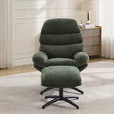 Green leisure chair with matching footstool on black metal base in modern living room