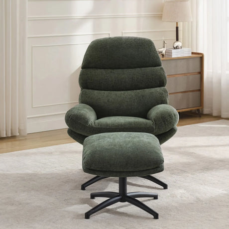 Green leisure chair with matching footstool on black metal base in modern living room