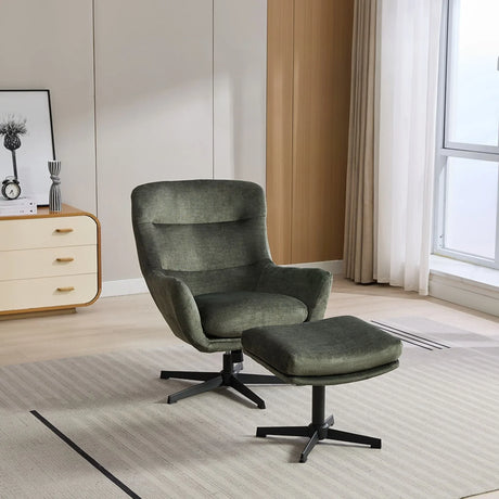 Winter moss swivel recliner chair with footstool on beige rug in modern living room