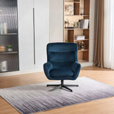 Deep ocean blue swivel recliner chair with metal base on a gradient rug in modern living room