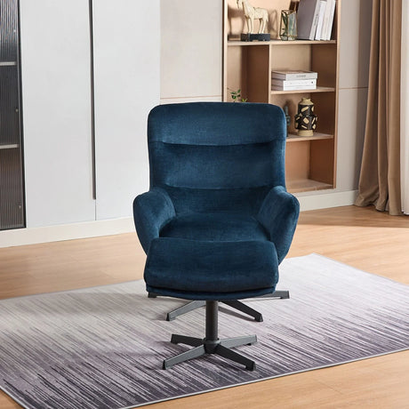 Deep ocean fabric swivel recliner chair with footstool on modern rug in living room