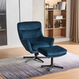 Deep ocean blue swivel recliner chair with matching footstool on a modern rug