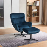 Deep ocean blue swivel recliner chair with matching footstool on a modern rug